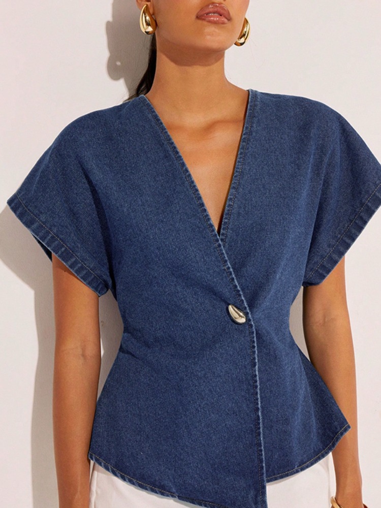 2026Women Dark Blue Denim Blou - Summer Clothing Wraps review and price