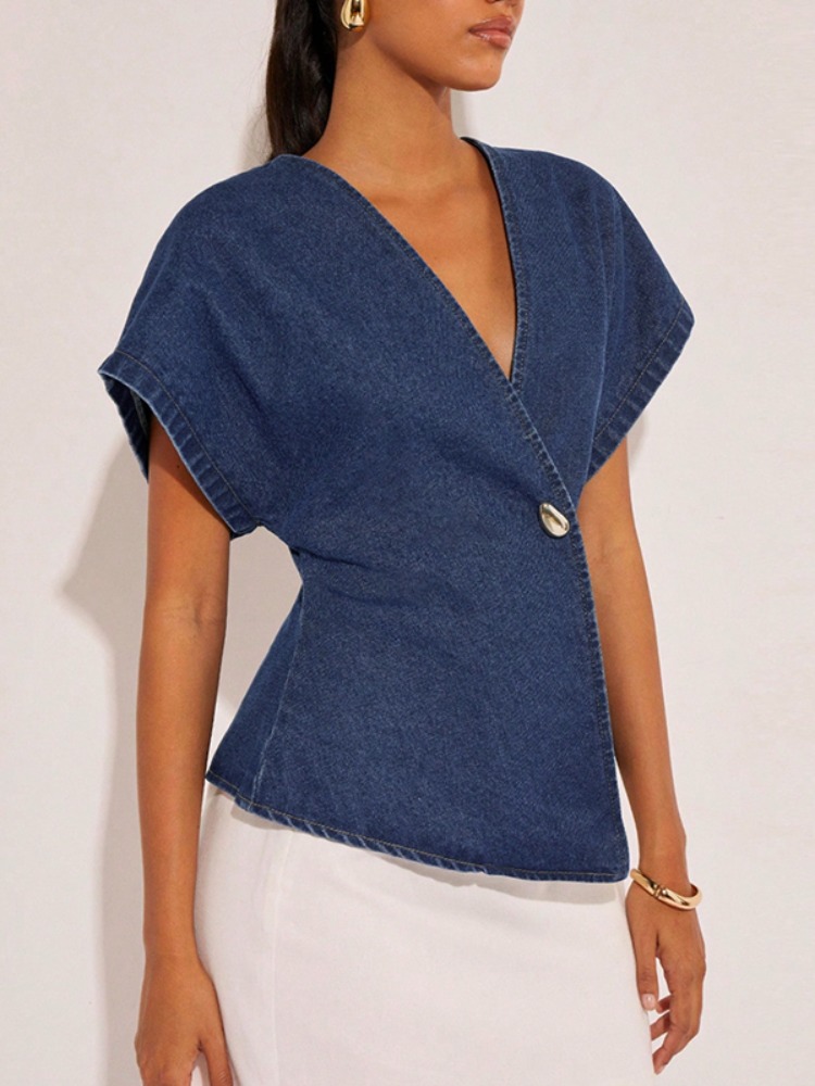 2026Women Dark Blue Denim Blou - Summer Clothing Wraps review and price